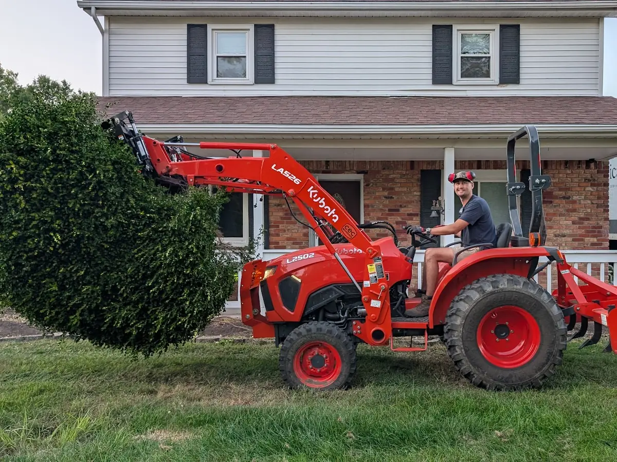 Orange tractor lifting a large shrub in front of a two-story house